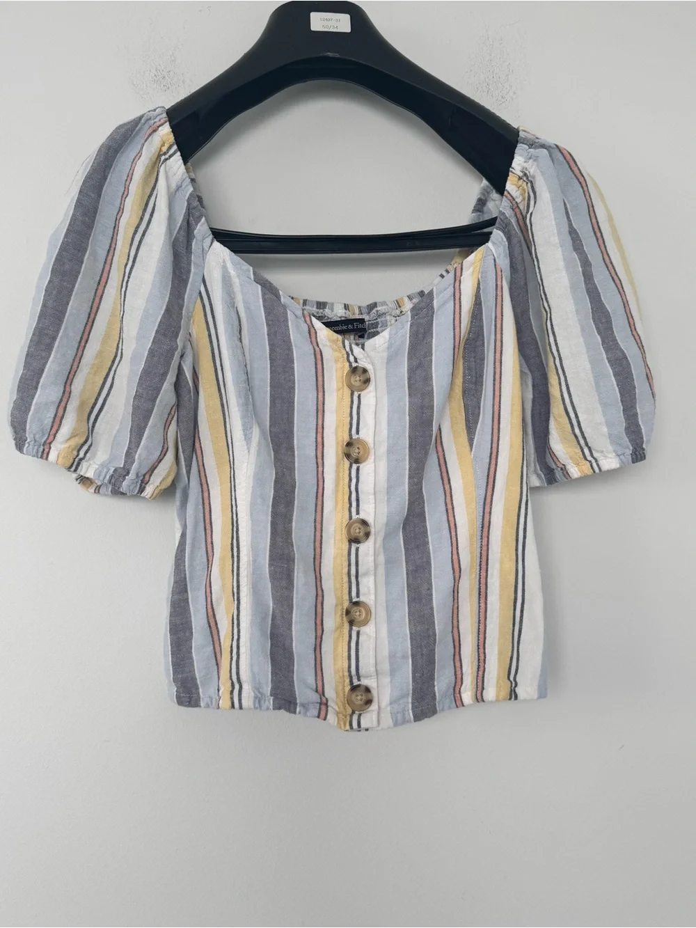 Abercrombie & Fitch Linen Crop Top Pastel Stripe Puff Sleeve Smocked Blouse S